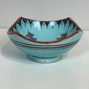 Handmade Moroccan Safi Geometric Blue Pottery Bowl 7”